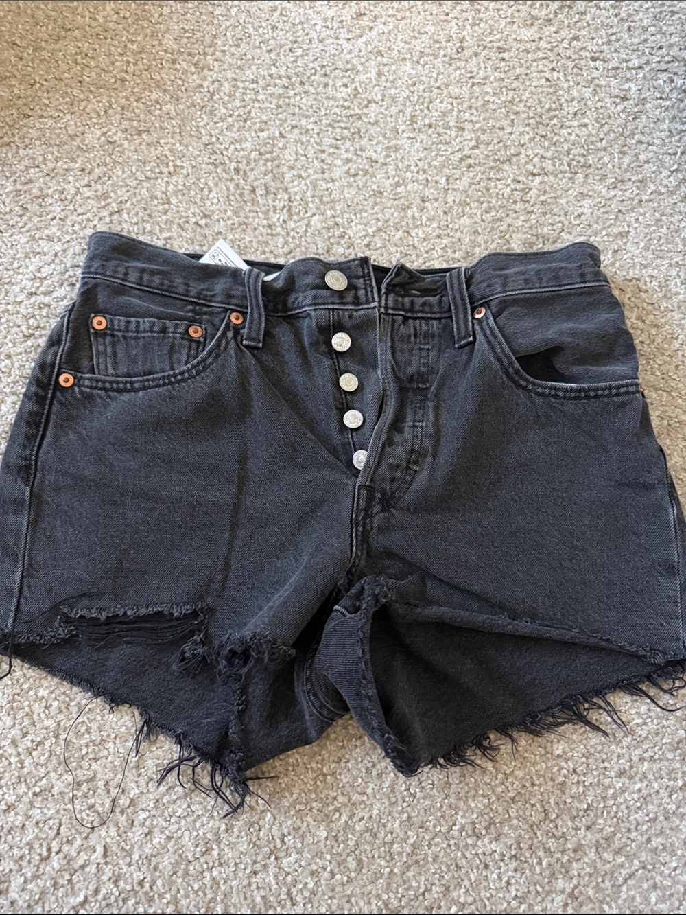 Levi's Black High-Rise Button-Fly Distressed Denim Shorts